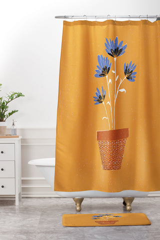 justin shiels blue flowers on orange background Shower Curtain And Mat