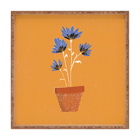 justin shiels blue flowers on orange background Square Tray