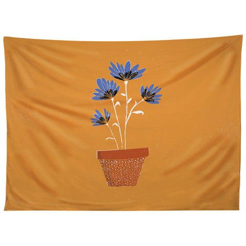 justin shiels blue flowers on orange background Tapestry
