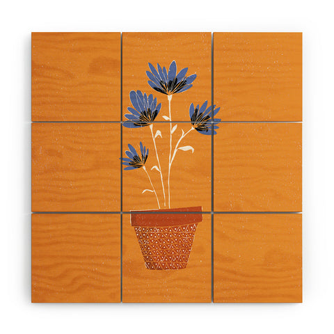 justin shiels blue flowers on orange background Wood Wall Mural