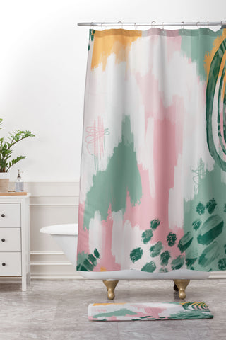 justin shiels Pink In Abstract Shower Curtain And Mat