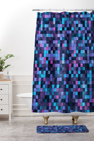 Kaleiope Studio Blue and Pink Squares Shower Curtain And Mat