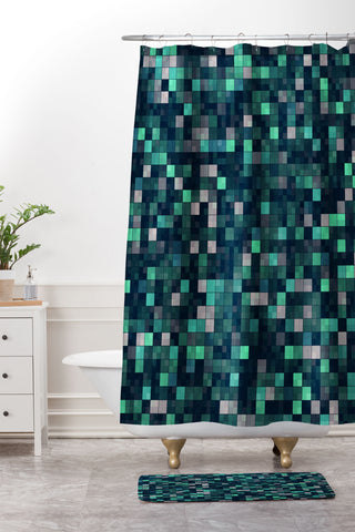 Kaleiope Studio Teal and Gray Squares Shower Curtain And Mat
