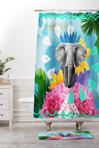 Kangarui Elephant Festival Blue Shower Curtain And Mat