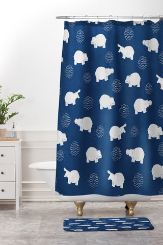 Kangarui Happy Hippo Blue Shower Curtain And Mat
