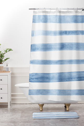 Kelly Haines Blue Watercolor Stripes Shower Curtain And Mat
