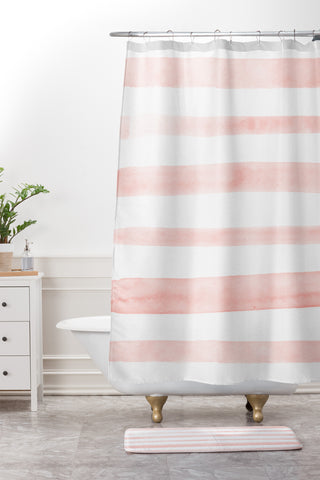 Kelly Haines Pink Watercolor Stripes Shower Curtain And Mat