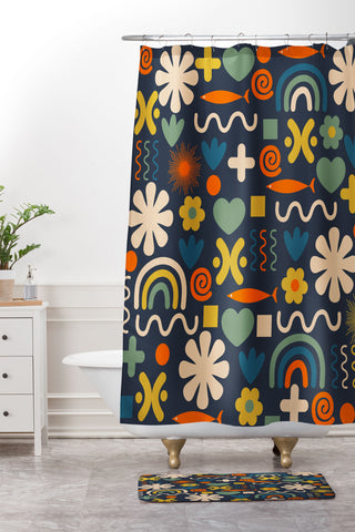 Kierkegaard Design Studio Cute Miscellany Rainbow Floral Shower Curtain And Mat