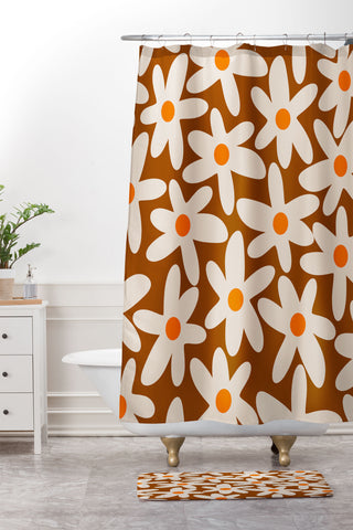 Kierkegaard Design Studio Daisy Time Retro Floral Pattern Shower Curtain And Mat