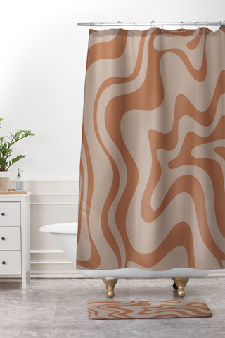 Kierkegaard Design Studio Liquid Swirl Abstract Pattern Taupe Clay Shower Curtain And Mat