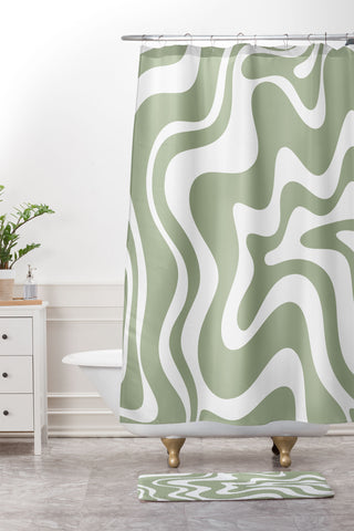 Kierkegaard Design Studio Liquid Swirl Abstract Sage Shower Curtain And Mat