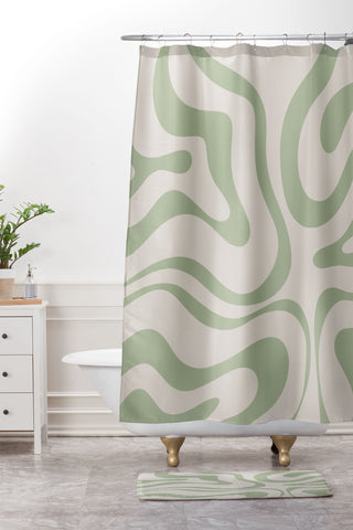 Kierkegaard Design Studio Liquid Swirl Almond and Sage Shower Curtain And Mat