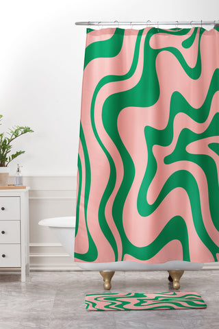 Kierkegaard Design Studio Liquid Swirl Retro Pink and Bright Green Shower Curtain And Mat
