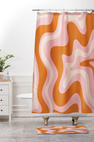Kierkegaard Design Studio Liquid Swirl Retro Pink Orange Cream Shower Curtain And Mat