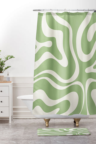 Kierkegaard Design Studio Modern Liquid Swirl Light Sage and Cream Shower Curtain And Mat