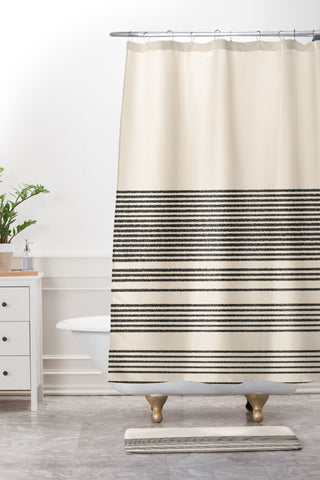 Kierkegaard Design Studio Organic Stripes Minimalist Black Shower Curtain And Mat