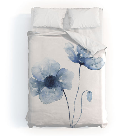 Kris Kivu Blue Watercolor Poppies 1 Duvet Cover