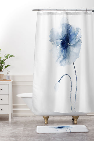 Kris Kivu Blue Watercolor Poppies 2 Shower Curtain And Mat