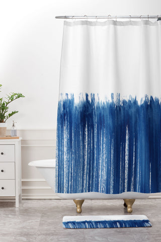 Kris Kivu Indigo Abstract Brush Strokes Shower Curtain And Mat