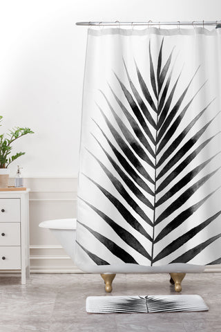 Kris Kivu Palm Leaf Watercolor Black and White Shower Curtain And Mat