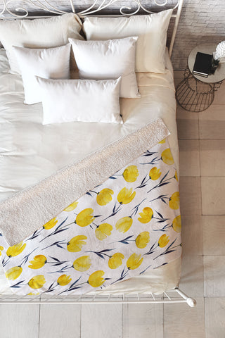 Kris Kivu Yellow Tulips Watercolour Pattern Fleece Throw Blanket