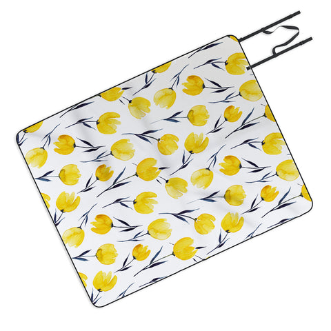Kris Kivu Yellow Tulips Watercolour Pattern Picnic Blanket