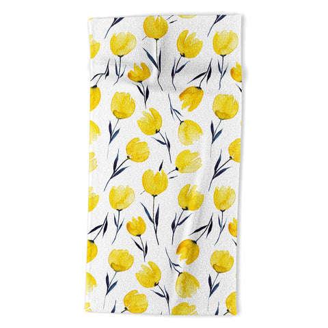 Kris Kivu Yellow Tulips Watercolour Pattern Beach Towel