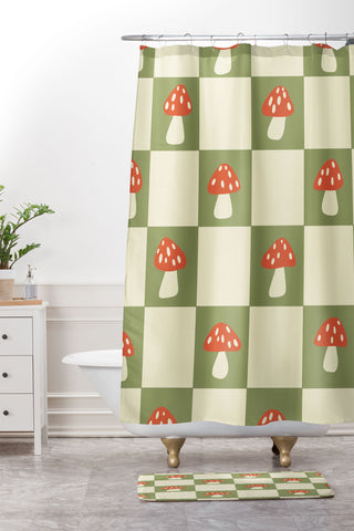 Lane and Lucia Mushroom Checkerboard Pattern Shower Curtain And Mat