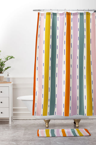 Lane and Lucia Rainbow Stripes and Dashes Shower Curtain And Mat