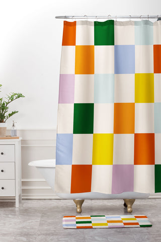 Lane and Lucia Retro Rainbow Checkerboard Shower Curtain And Mat