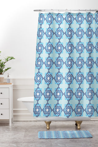 Lara Kulpa Blue Diamond Flower Shower Curtain And Mat
