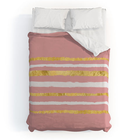 Lara Kulpa Gold and White Stripe on Blush Duvet Cover
