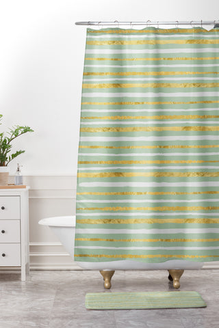 Lara Kulpa Gold and White Stripe on Mint Shower Curtain And Mat