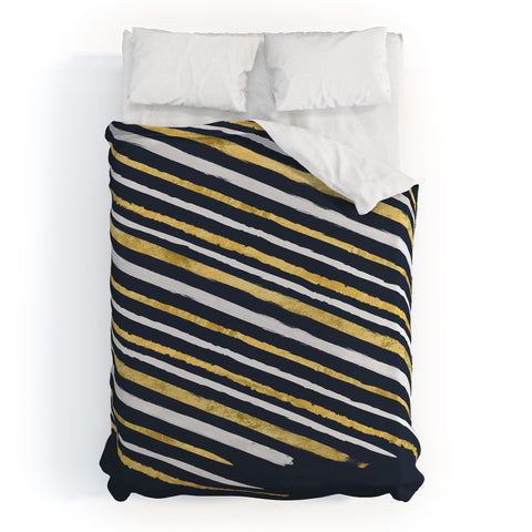 Lara Kulpa Gold and White Stripe on Navy Duvet Cover
