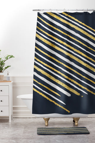 Lara Kulpa Gold and White Stripe on Navy Shower Curtain And Mat