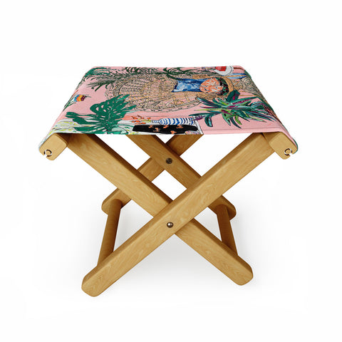 Lara Lee Meintjes California Poppy and Wildflower Bouquet on Emerald with Tigers Still Life Painting Folding Stool