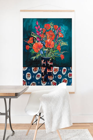 Lara Lee Meintjes California Summer Bouquet Oranges and Lily Blossoms in Blue and White Urn Art Print And Hanger