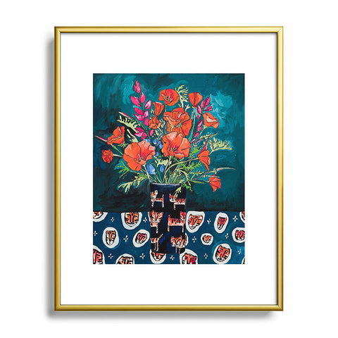 Lara Lee Meintjes California Summer Bouquet Oranges and Lily Blossoms in Blue and White Urn Metal Framed Art Print