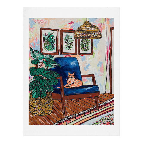 Lara Lee Meintjes Ginger Cat in Peacock Chair with Indoor Jungle of House Plants Interior Painting Art Print