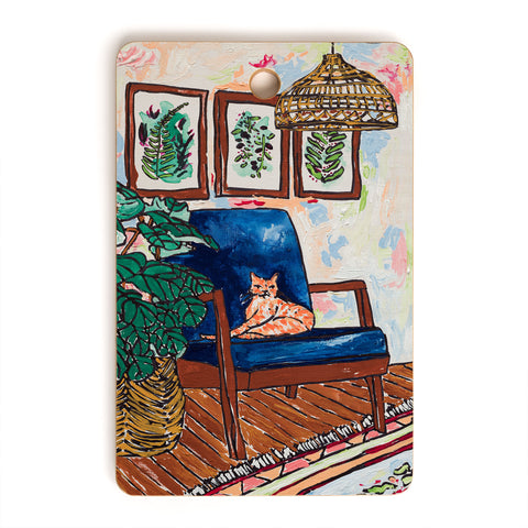 Lara Lee Meintjes Ginger Cat in Peacock Chair with Indoor Jungle of House Plants Interior Painting Cutting Board Rectangle