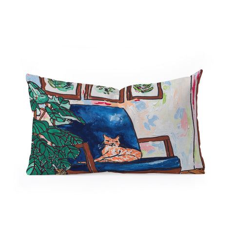 Lara Lee Meintjes Ginger Cat in Peacock Chair with Indoor Jungle of House Plants Interior Painting Oblong Throw Pillow