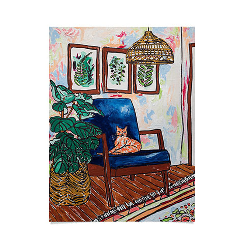 Lara Lee Meintjes Ginger Cat in Peacock Chair with Indoor Jungle of House Plants Interior Painting Poster