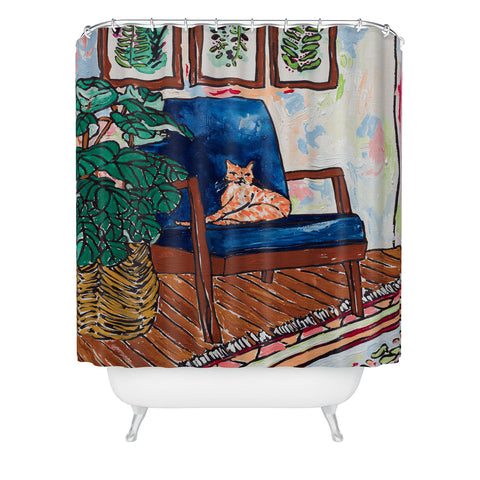 Lara Lee Meintjes Ginger Cat in Peacock Chair with Indoor Jungle of House Plants Interior Painting Shower Curtain