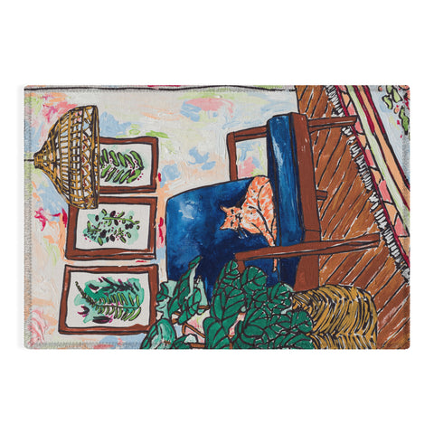 Lara Lee Meintjes Ginger Cat in Peacock Chair with Indoor Jungle of House Plants Interior Painting Outdoor Rug