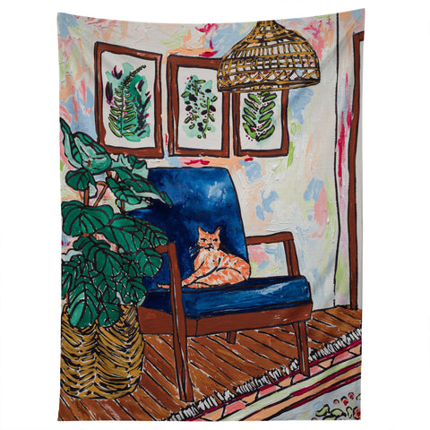 Lara Lee Meintjes Ginger Cat in Peacock Chair with Indoor Jungle of House Plants Interior Painting Tapestry