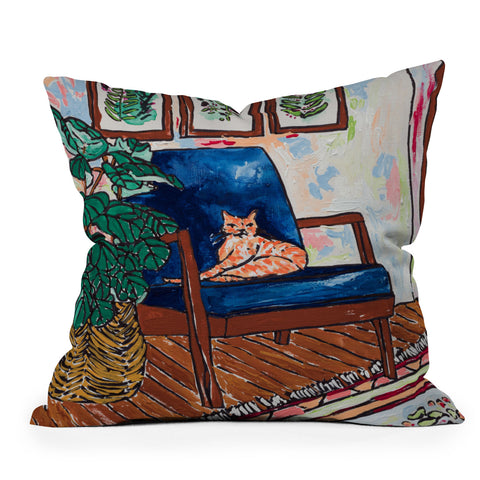 Lara Lee Meintjes Ginger Cat in Peacock Chair with Indoor Jungle of House Plants Interior Painting Throw Pillow