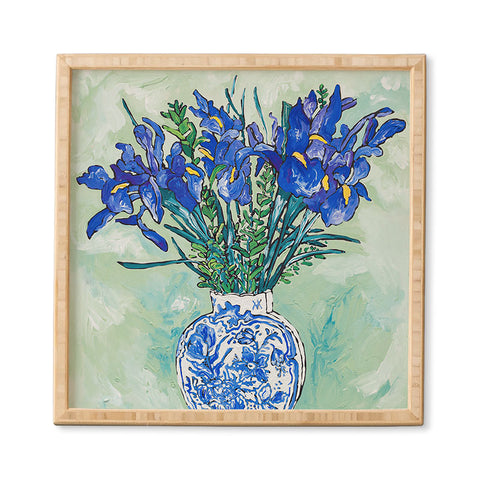 Lara Lee Meintjes Iris Bouquet in Chinoiserie Vase on Blue and White Striped Tablecloth on Painterly Mint Green Framed Wall Art