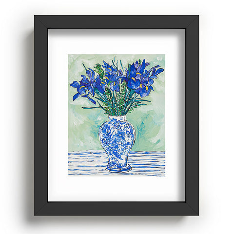 Lara Lee Meintjes Iris Bouquet in Chinoiserie Vase on Blue and White Striped Tablecloth on Painterly Mint Green Recessed Framing Rectangle