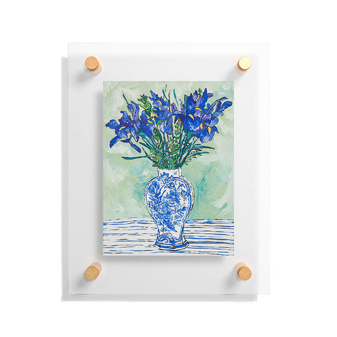 Lara Lee Meintjes Iris Bouquet in Chinoiserie Vase on Blue and White Striped Tablecloth on Painterly Mint Green Floating Acrylic Print