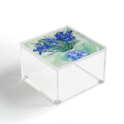 Lara Lee Meintjes Iris Bouquet in Chinoiserie Vase on Blue and White Striped Tablecloth on Painterly Mint Green Acrylic Box